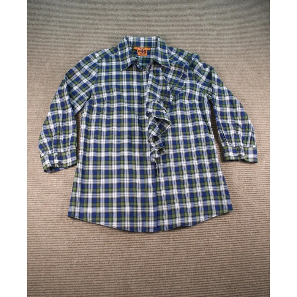 Tory Burch Blue Green Tartan Plaid Ruffle Front Button Down Blouse Small EUC
